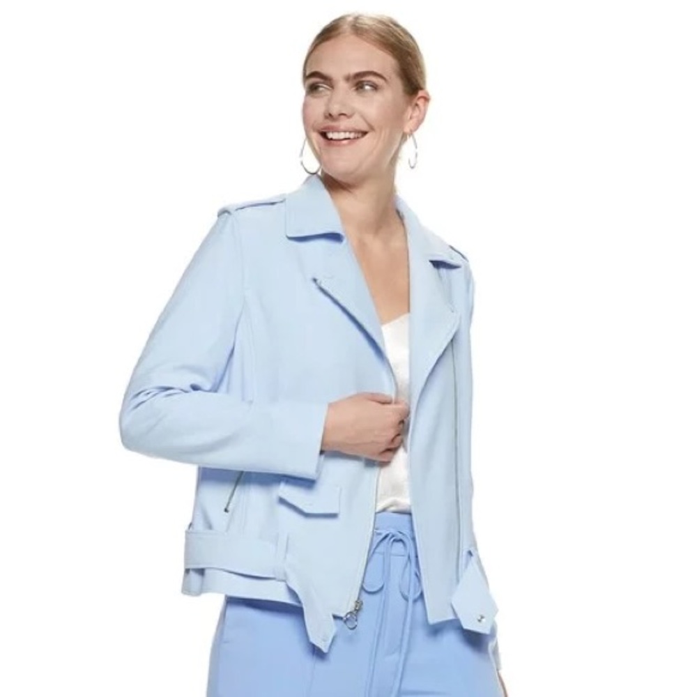 NWT Nine West Crepe Moto Light Blue Women's Belted Jacket size Medium